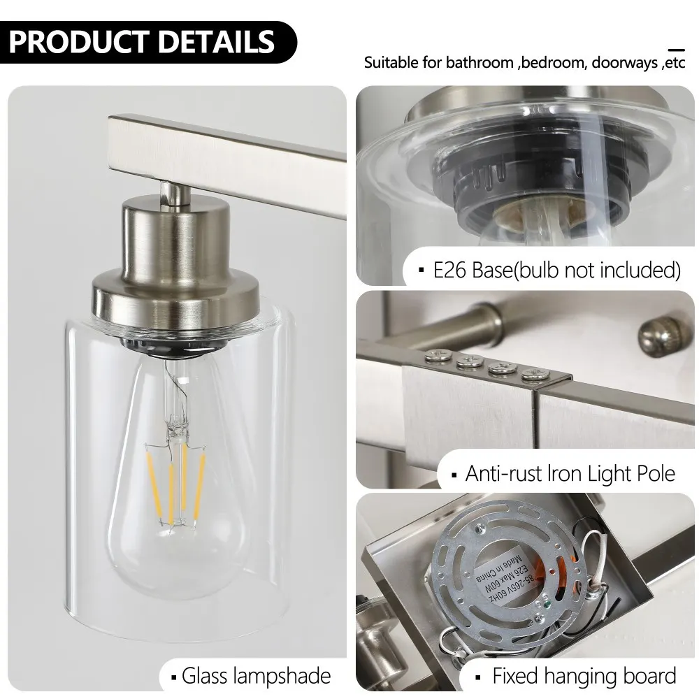 Modern Brushed Nickel 6-Light Clear Glass Vanity Light, 37 in, image 3 of 5