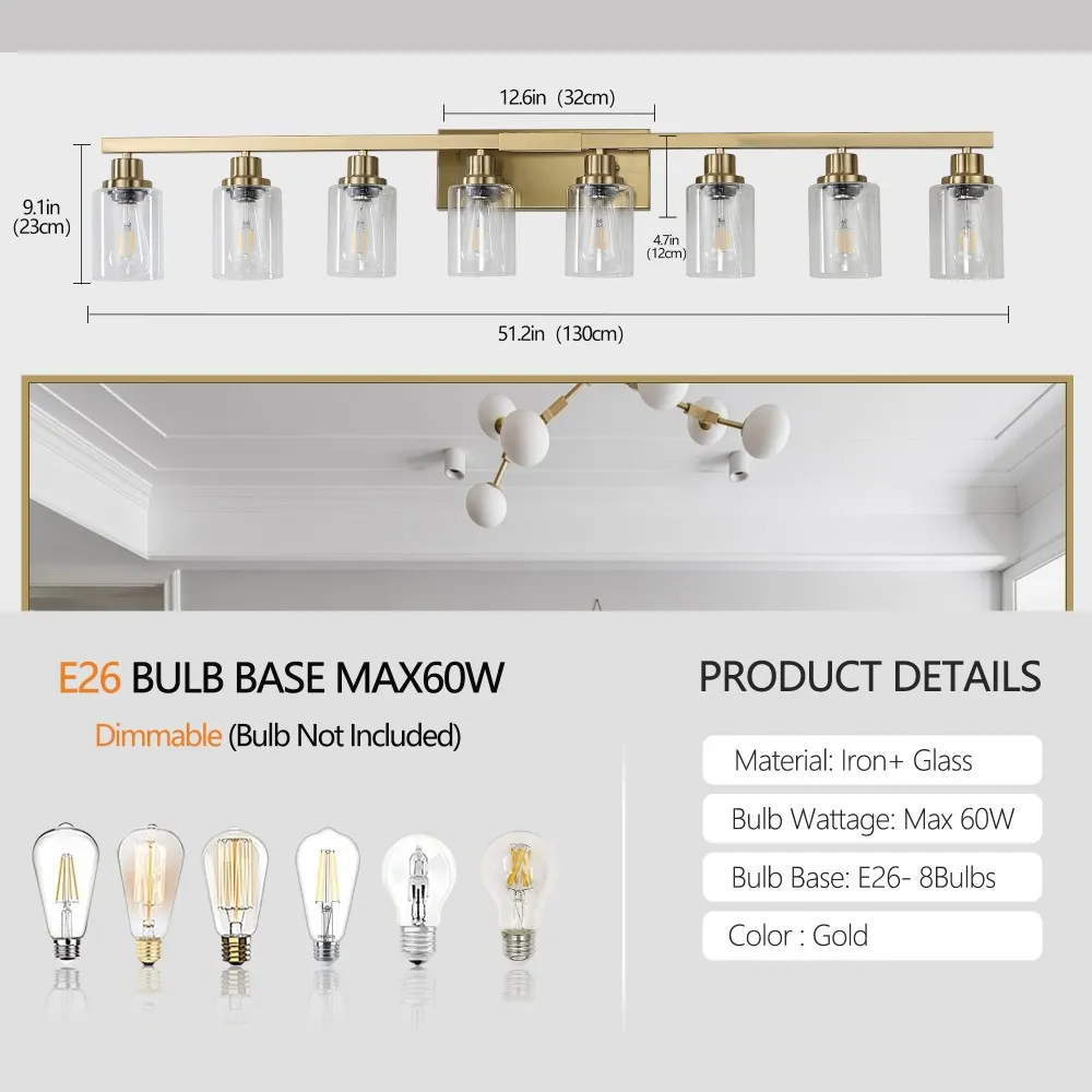 Modern Gold 8-Light Clear Glass Vanity Light, 51 in, image 4 of 5