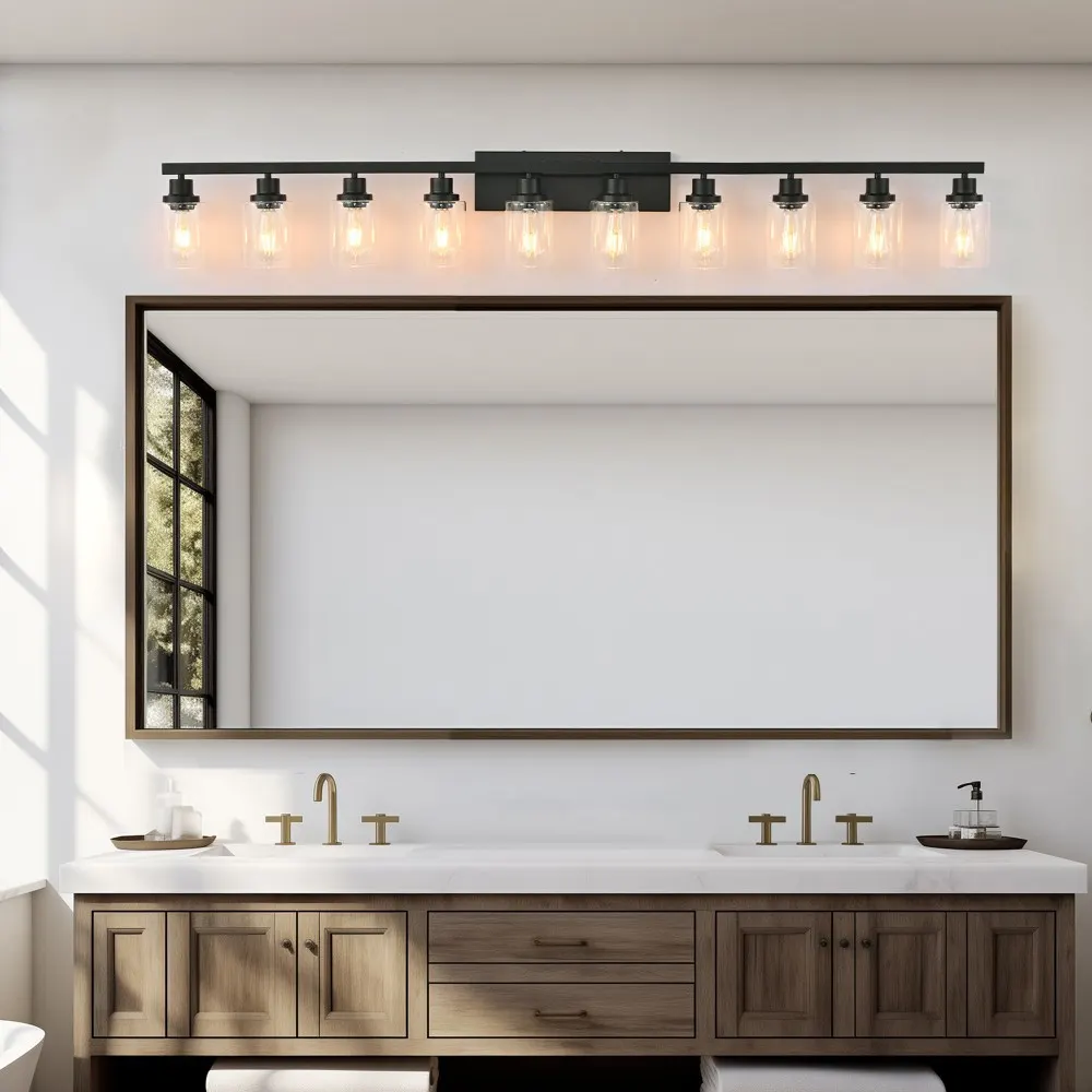 Modern Matte Black 10-Light Clear Glass Vanity Light, 65.4 in