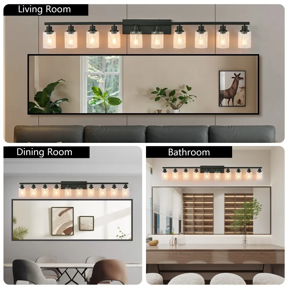 Modern Matte Black 10-Light Clear Glass Vanity Light, 65.4 in, image 5 of 5