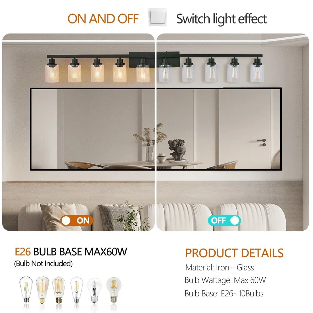 Modern Matte Black 10-Light Clear Glass Vanity Light, 65.4 in, image 3 of 5