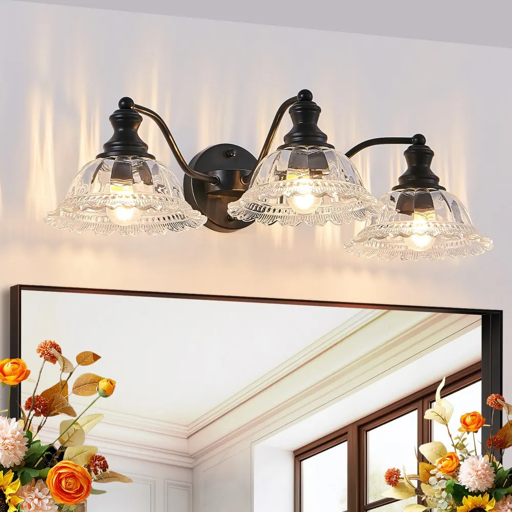 Vintage Black 3-Light Clear Glass Vanity Light, 24 in, image 2 of 5