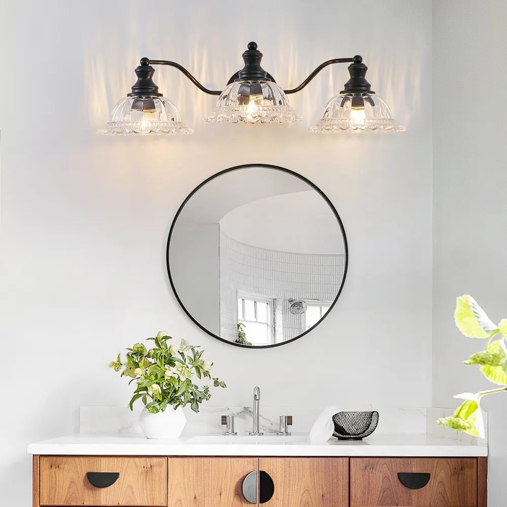 Vintage Black 3-Light Clear Glass Vanity Light, 24 in