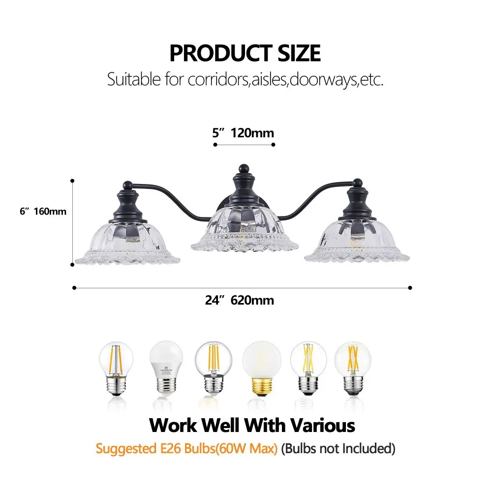 Vintage Black 3-Light Clear Glass Vanity Light, 24 in, image 5 of 5