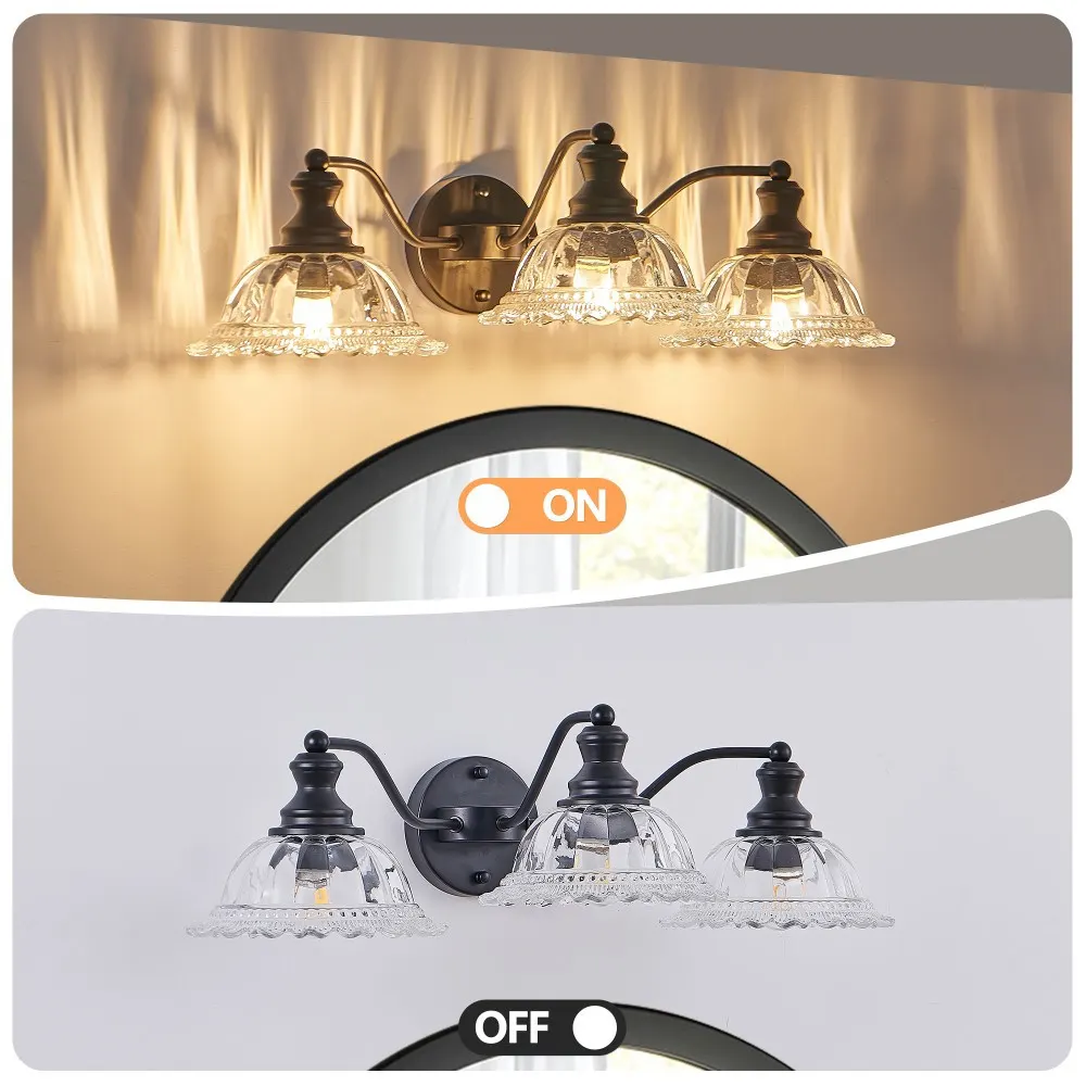 Vintage Black 3-Light Clear Glass Vanity Light, 24 in, image 4 of 5