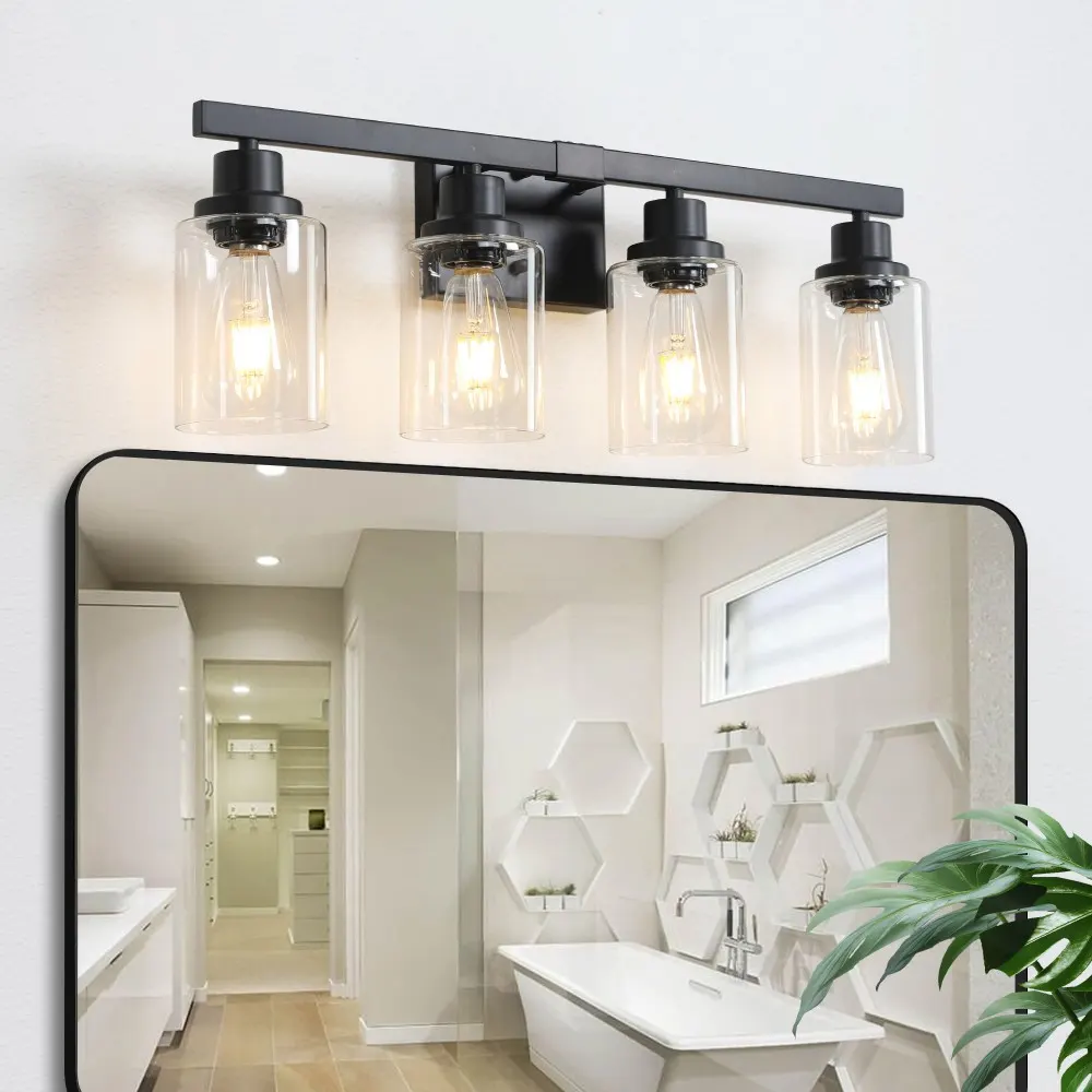 Modern Black 4-Light Clear Glass Vanity Light, 24 in