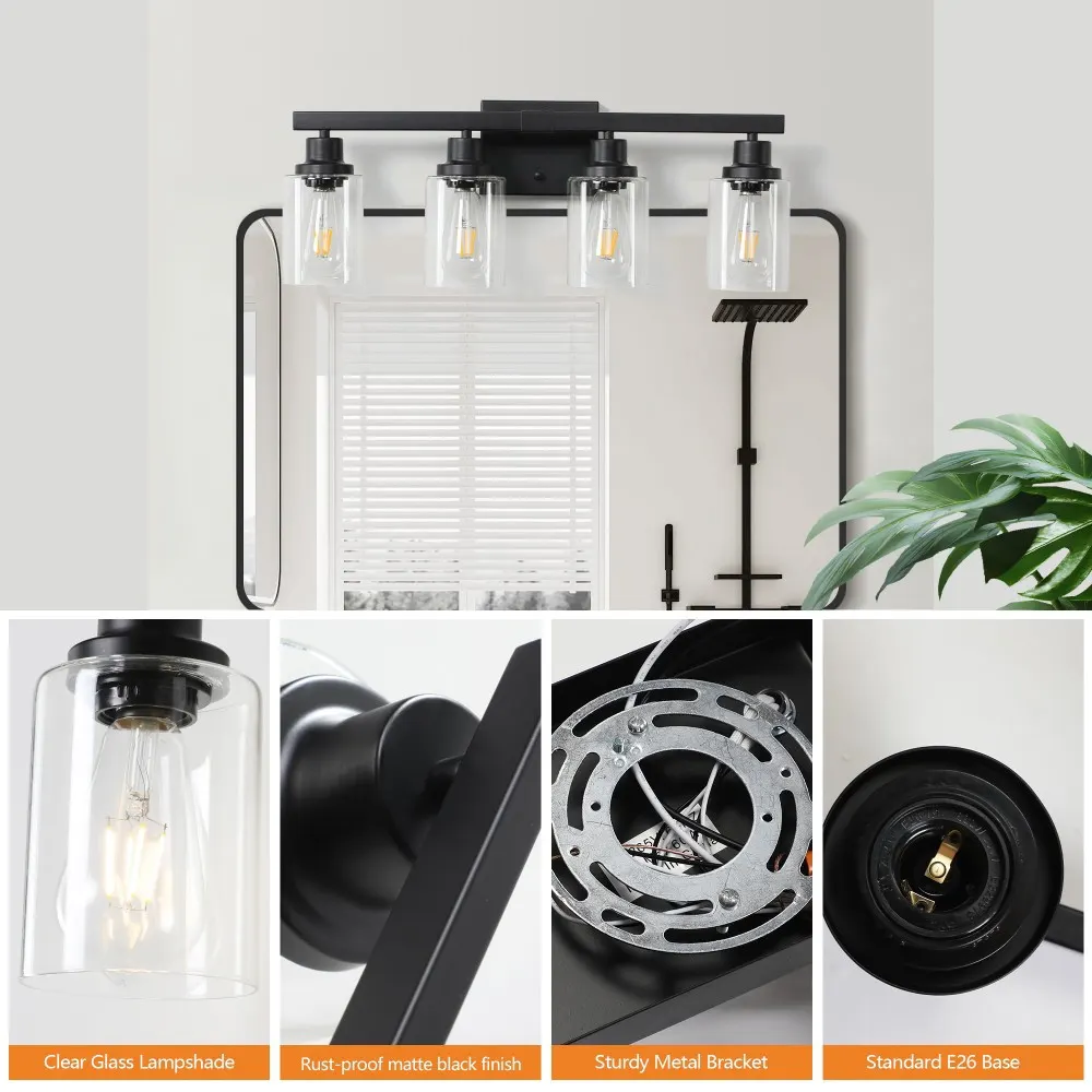 Modern Black 4-Light Clear Glass Vanity Light, 24 in, image 3 of 5