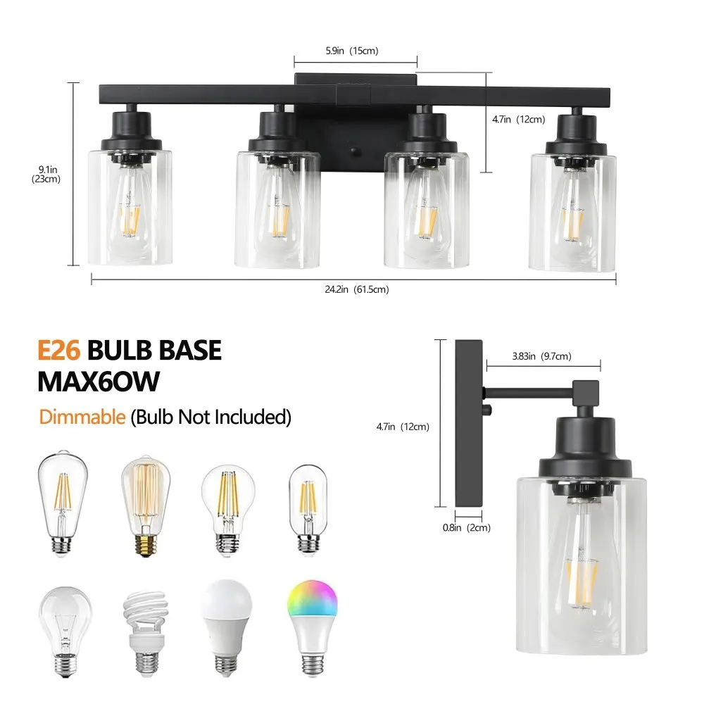 Modern Black 4-Light Clear Glass Vanity Light, 24 in, image 4 of 5