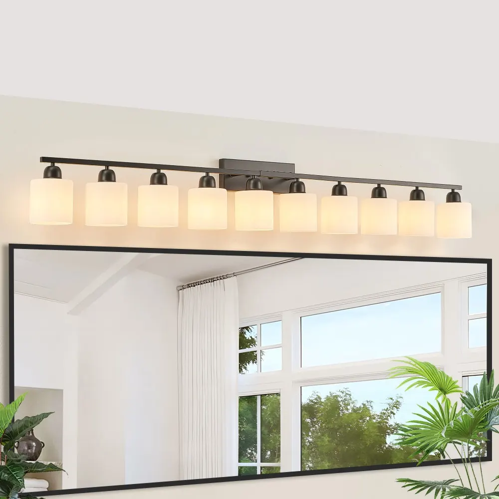 Modern Matte Black 10-Light Glass Vanity Light, 65 in
