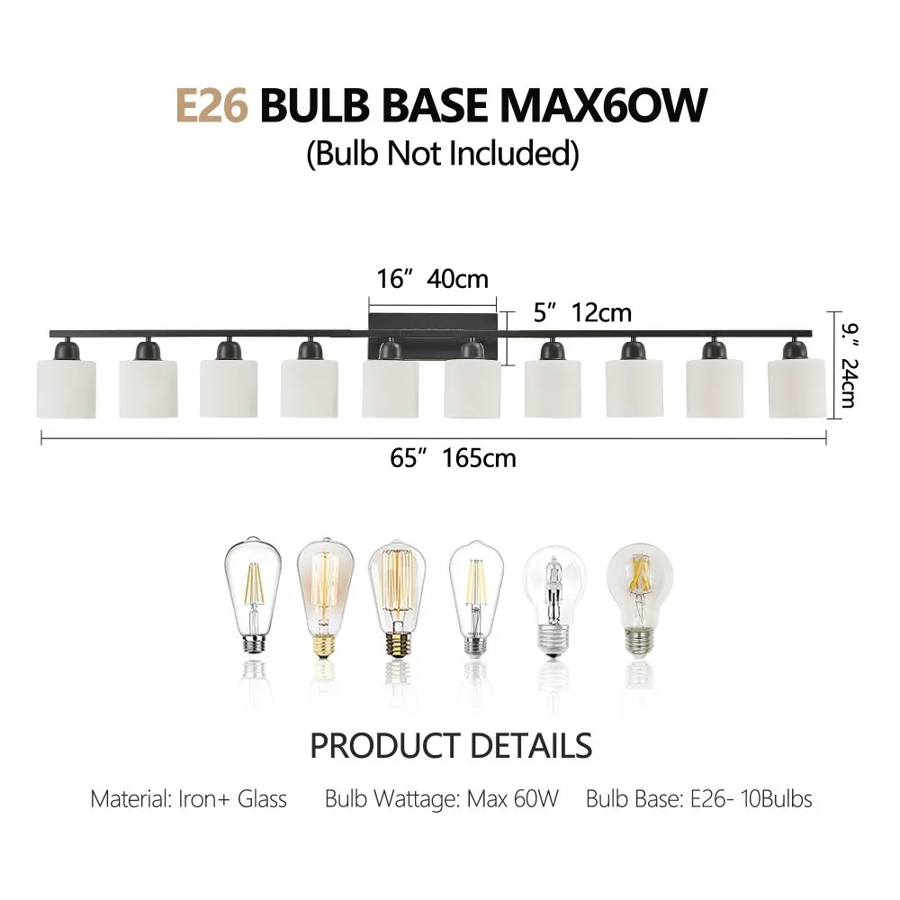 Modern Matte Black 10-Light Glass Vanity Light, 65 in, image 4 of 5