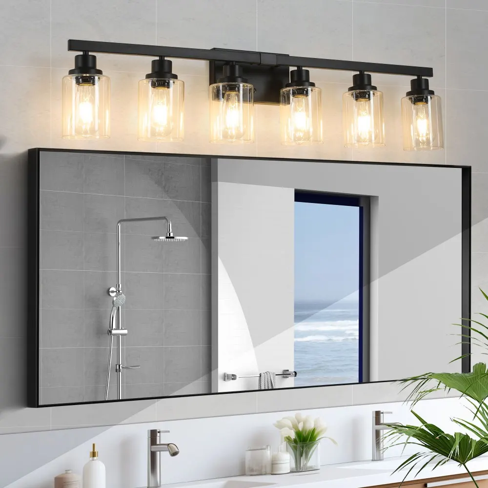 Modern Black 6-Light Clear Glass Vanity Light, 37 in