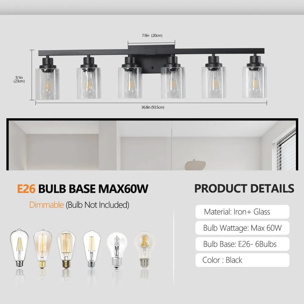 Modern Black 6-Light Clear Glass Vanity Light, 37 in, image 4 of 5