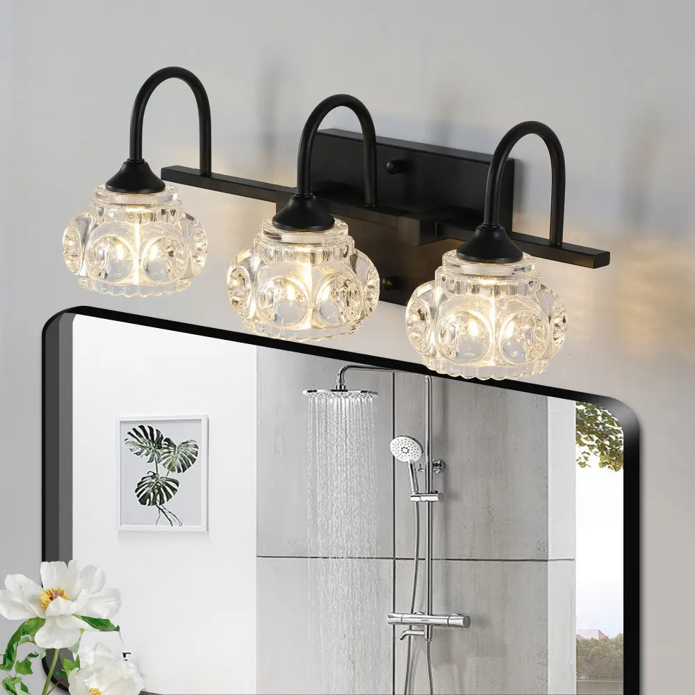 Black 3-Light Glass Vanity Light, 17 in
