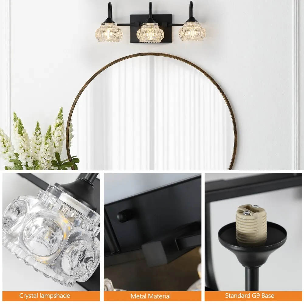 Black 3-Light Glass Vanity Light, 17 in, image 3 of 5