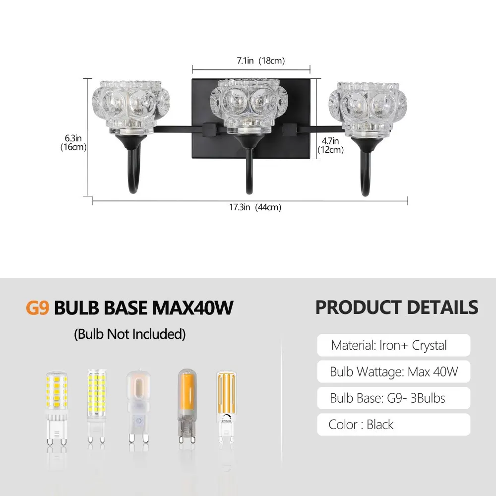 Black 3-Light Glass Vanity Light, 17 in, image 4 of 5