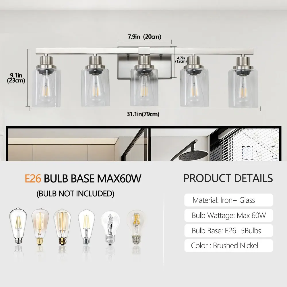 Modern Brushed Nickel 5-Light Clear Glass Vanity Light, 31 in, image 4 of 5
