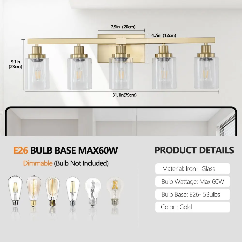 Modern Gold 5-Light Clear Glass Vanity Light, 31 in, image 5 of 5