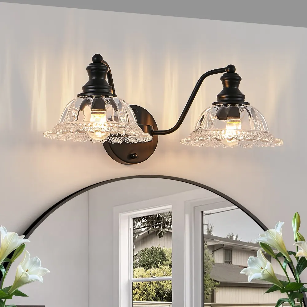 Vintage Black 2-Light Clear Glass Vanity Light, 20 in