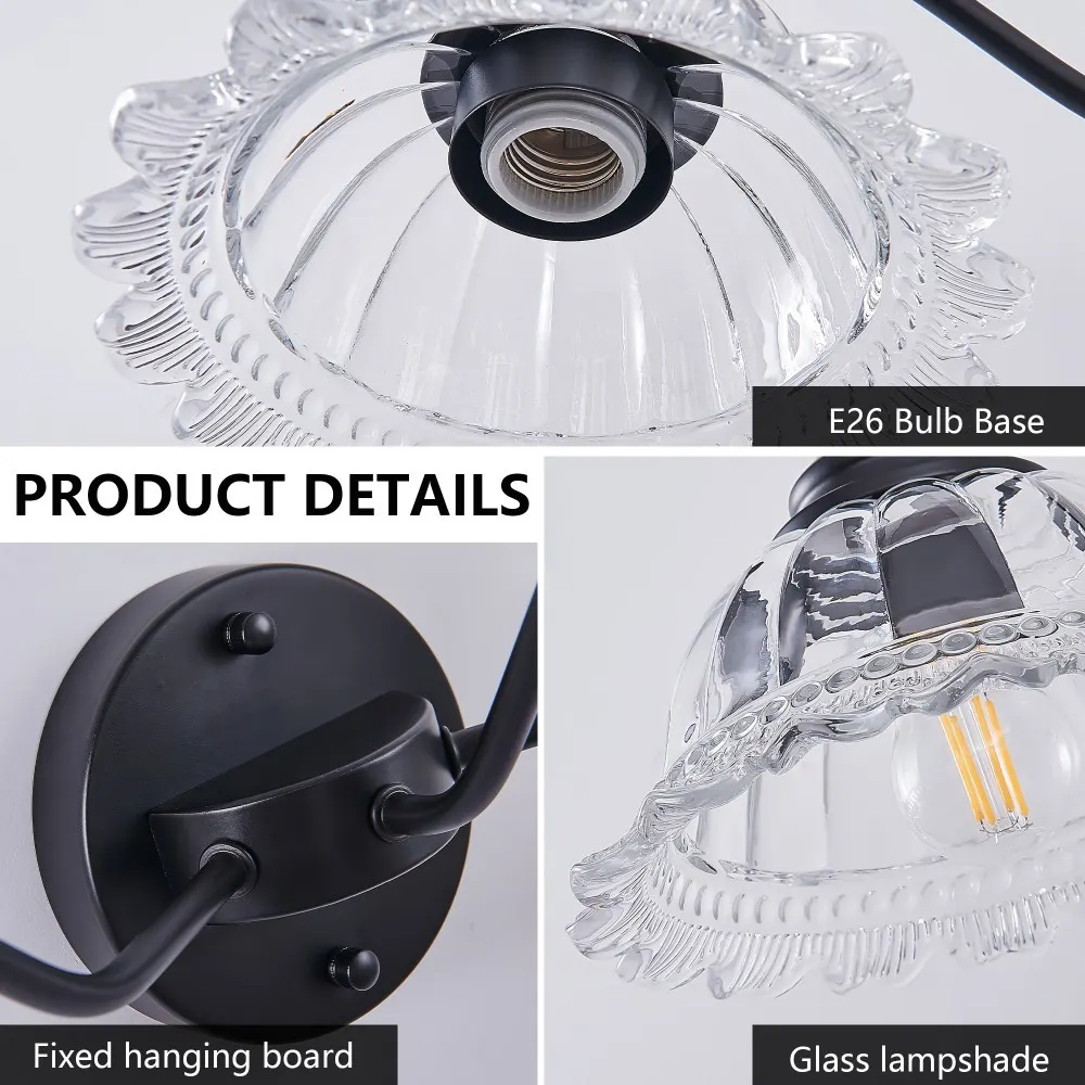 Vintage Black 2-Light Clear Glass Vanity Light, 20 in, image 3 of 5