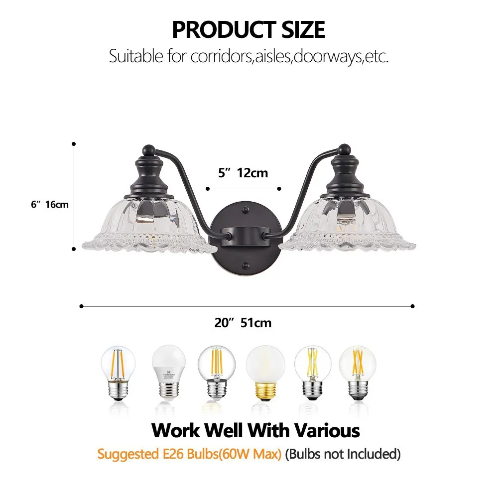 Vintage Black 2-Light Clear Glass Vanity Light, 20 in, image 5 of 5