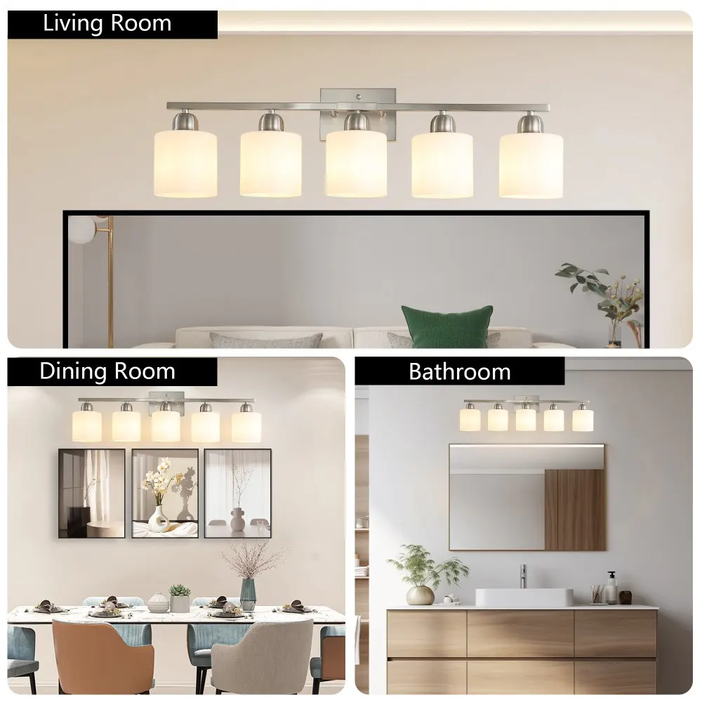 Modern Brushed Nickel 5-Light Frosted Glass Vanity Light, 31 in, image 2 of 5