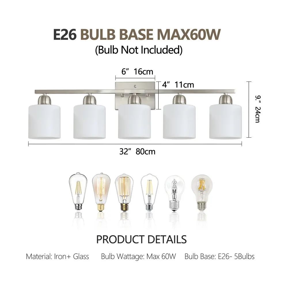 Modern Brushed Nickel 5-Light Frosted Glass Vanity Light, 31 in, image 4 of 5