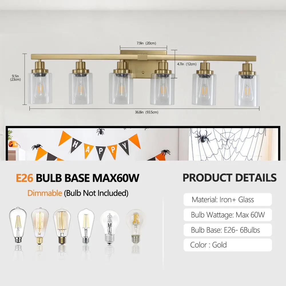 Modern Gold 6-Light Clear Glass Vanity Light, 37 in, image 5 of 5
