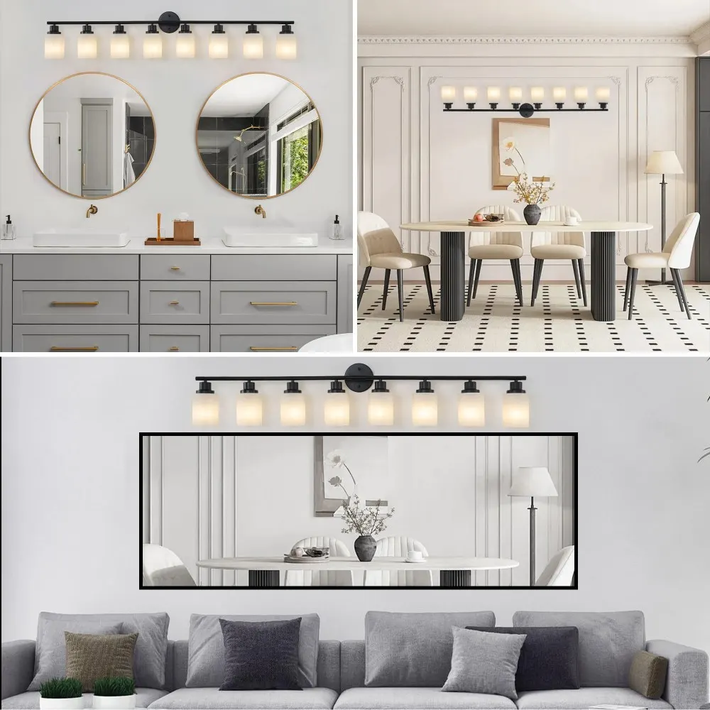 Modern Black 8-Light Frosted Glass Vanity Light, 52 in, image 2 of 5