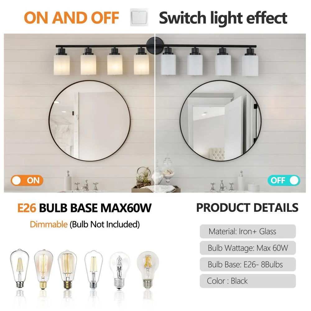 Modern Black 8-Light Frosted Glass Vanity Light, 52 in, image 4 of 5