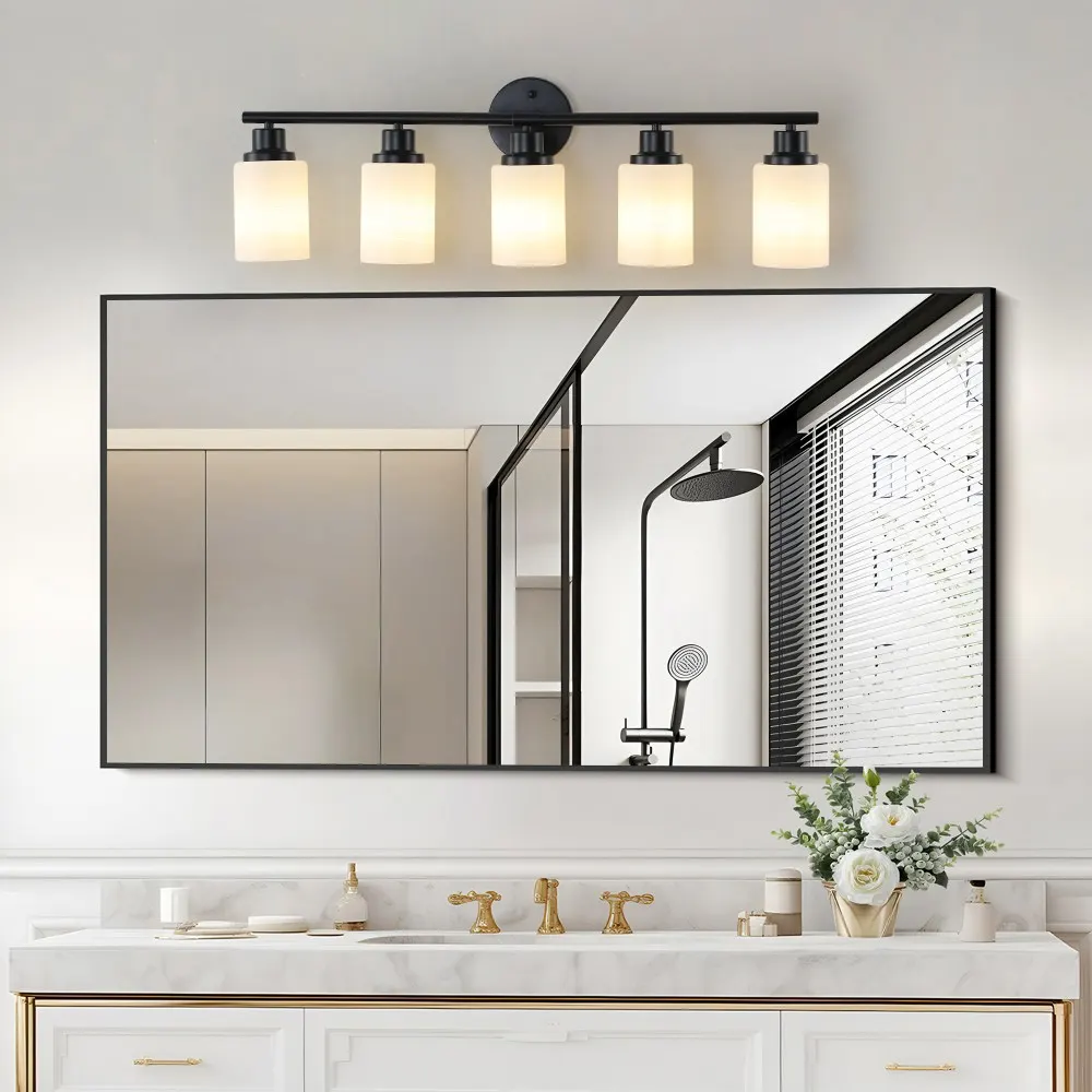 Modern Black 5-Light Frosted Glass Vanity Light, 31 in