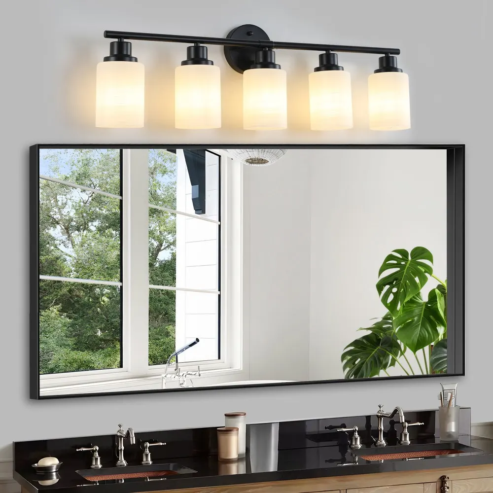 Modern Black 5-Light Frosted Glass Vanity Light, 31 in, image 2 of 5