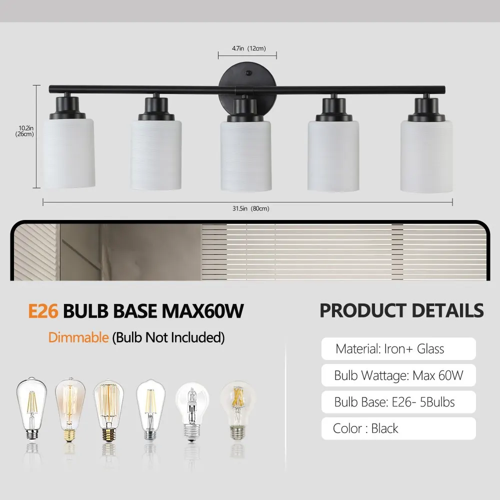 Modern Black 5-Light Frosted Glass Vanity Light, 31 in, image 3 of 5