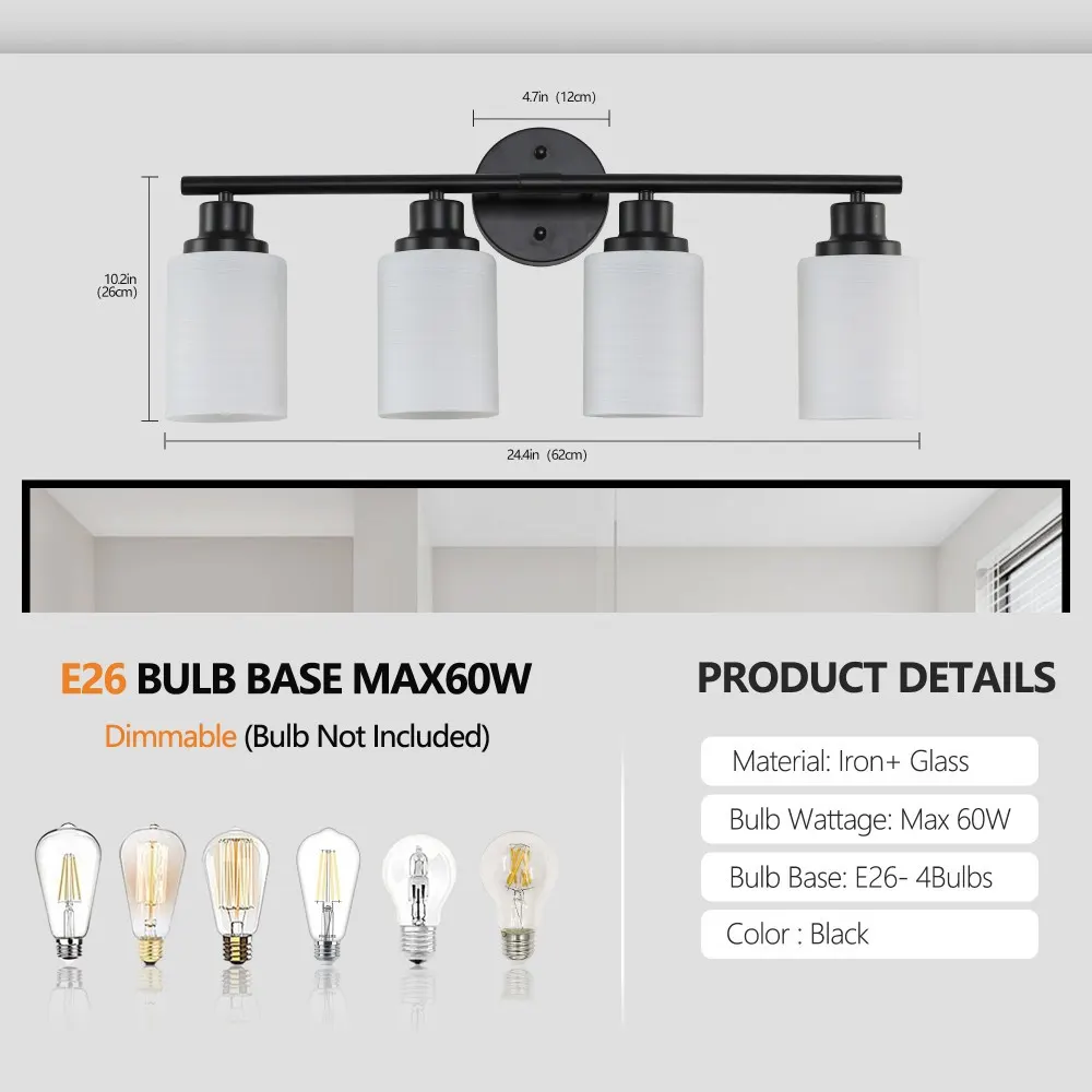 Modern Black 4-Light Glass Vanity Light, 24 in, image 3 of 5