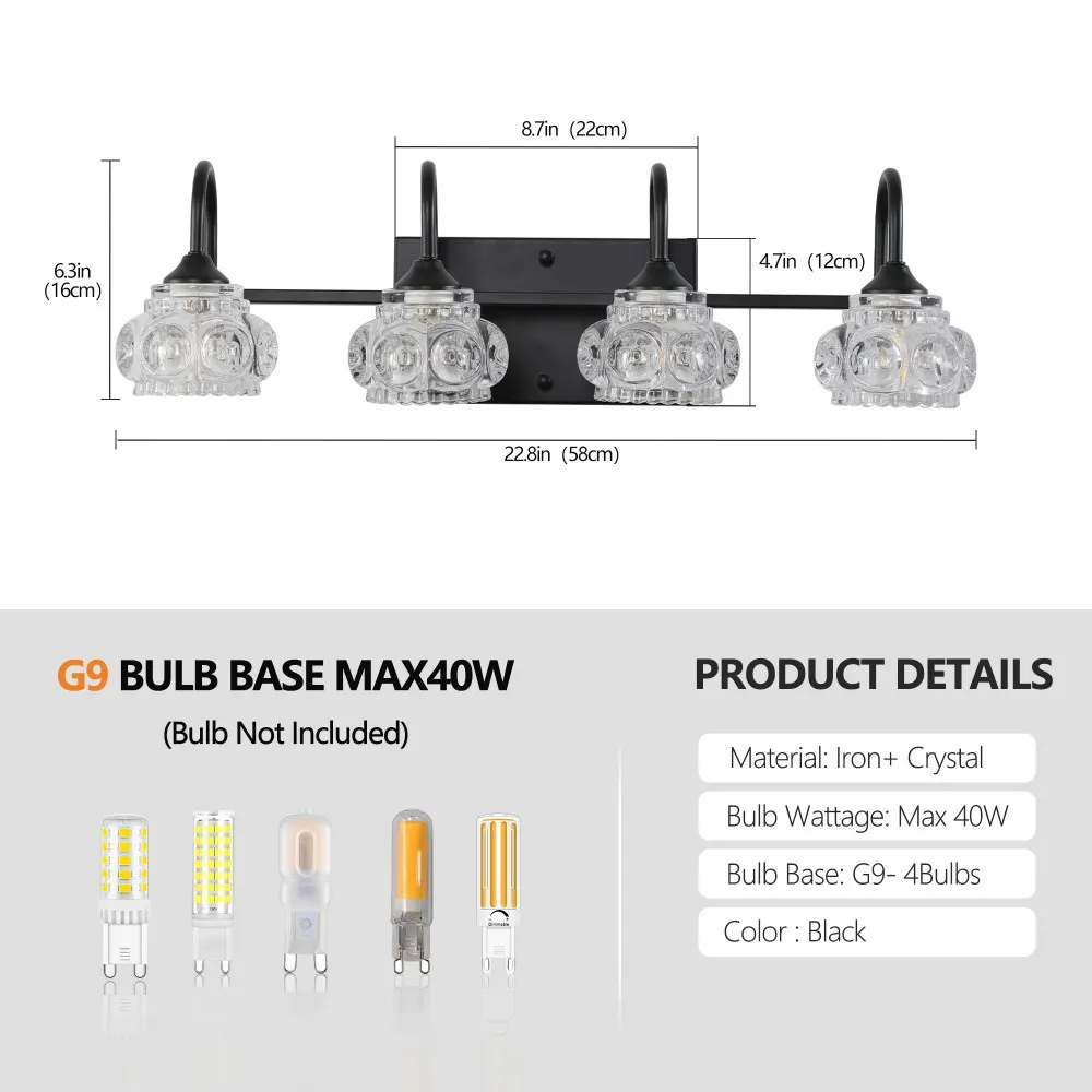 Black 4-Light Glass Vanity Light, 23 in, image 4 of 5
