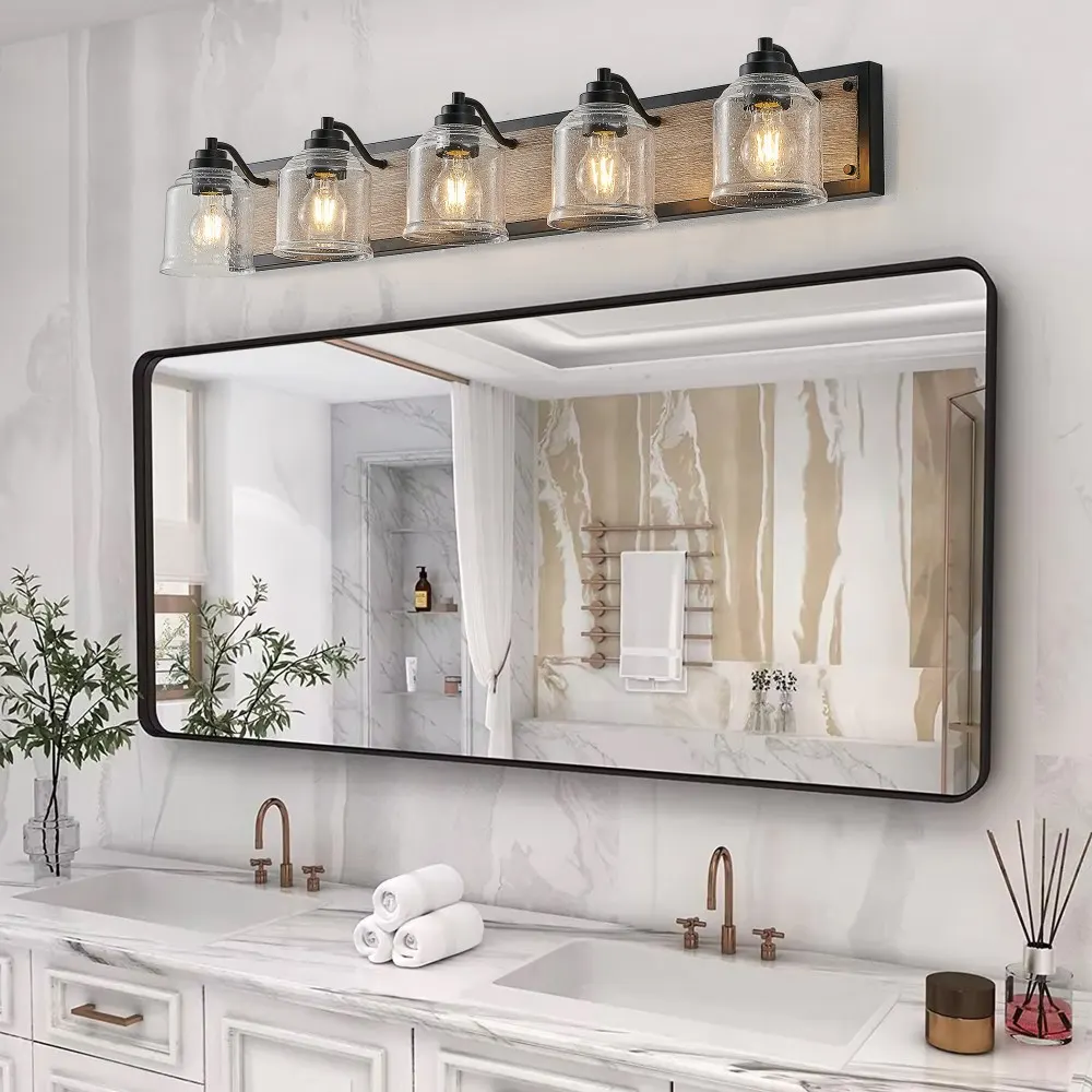 Farmhouse Black 5-Light Seeded Glass Vanity Light, 40 in