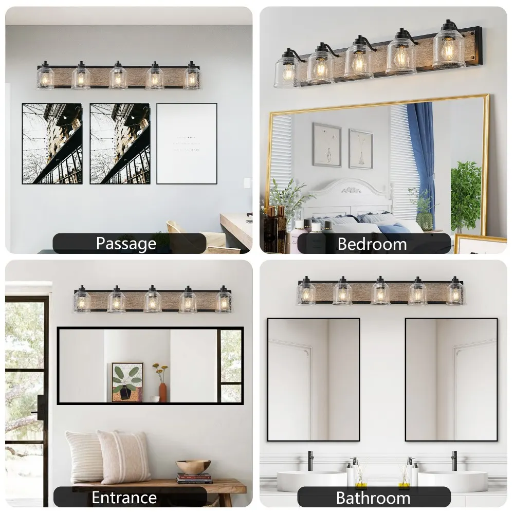 Farmhouse Black 5-Light Seeded Glass Vanity Light, 40 in, image 2 of 5