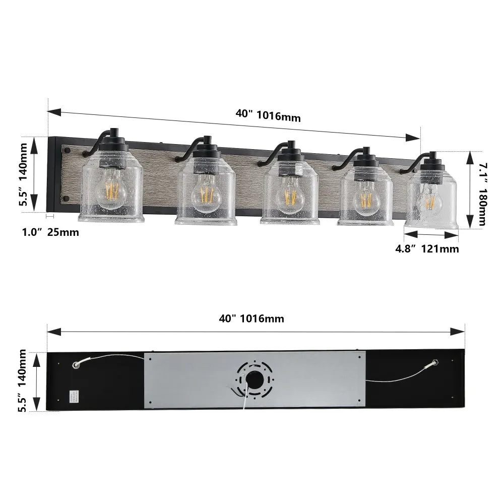 Farmhouse Black 5-Light Seeded Glass Vanity Light, 40 in, image 5 of 5