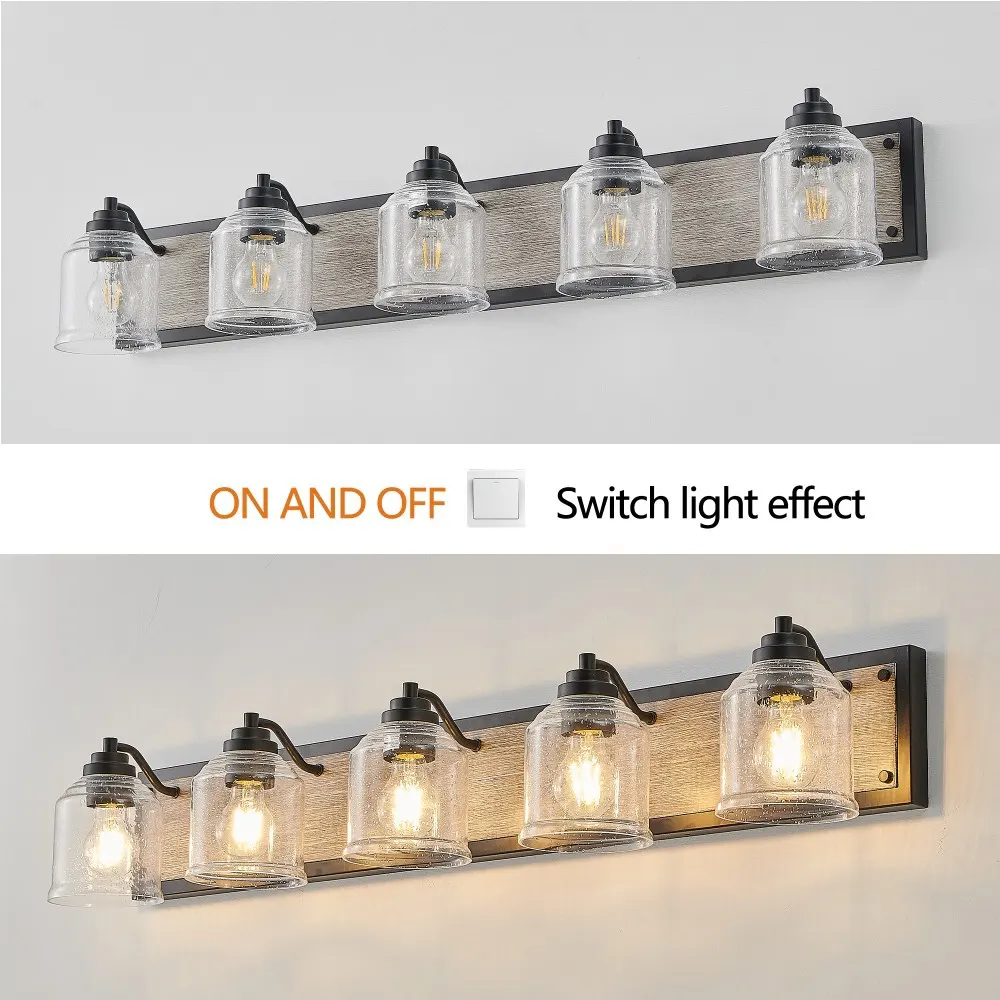Farmhouse Black 5-Light Seeded Glass Vanity Light, 40 in, image 3 of 5