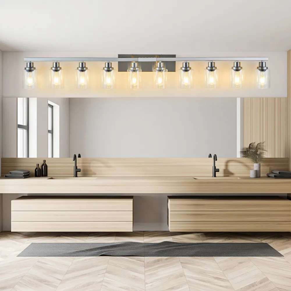 Modern Brushed Nickel 10-Light Frosted Glass Vanity Light, 65 in