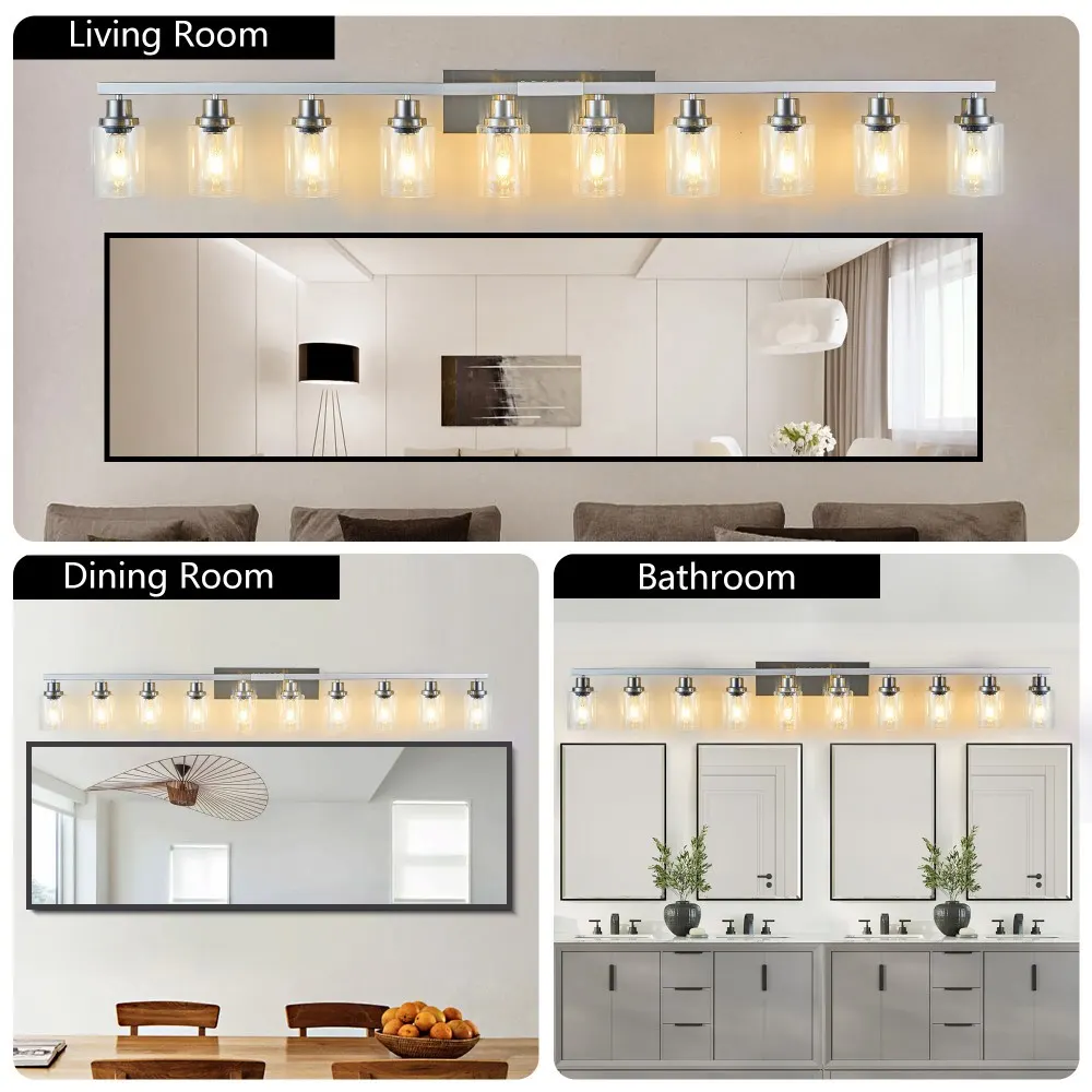Modern Brushed Nickel 10-Light Frosted Glass Vanity Light, 65 in, image 2 of 5