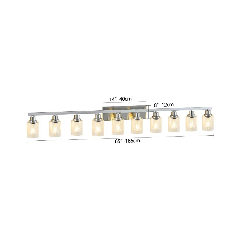 Modern Brushed Nickel 10-Light Frosted Glass Vanity Light, 65 in, image 4 of 5