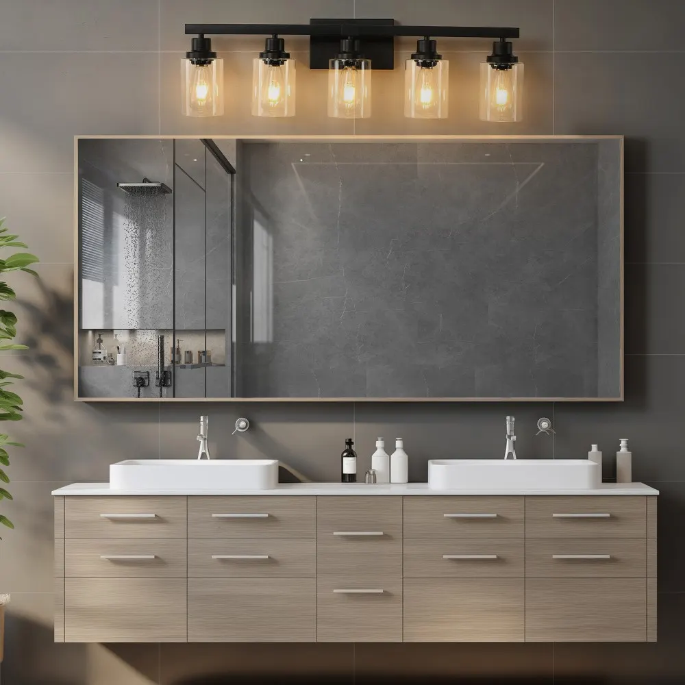 Modern Black 5-Light Clear Glass Vanity Light, 31 in