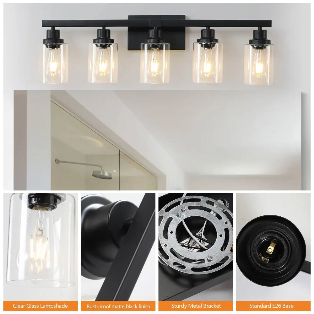 Modern Black 5-Light Clear Glass Vanity Light, 31 in, image 3 of 5