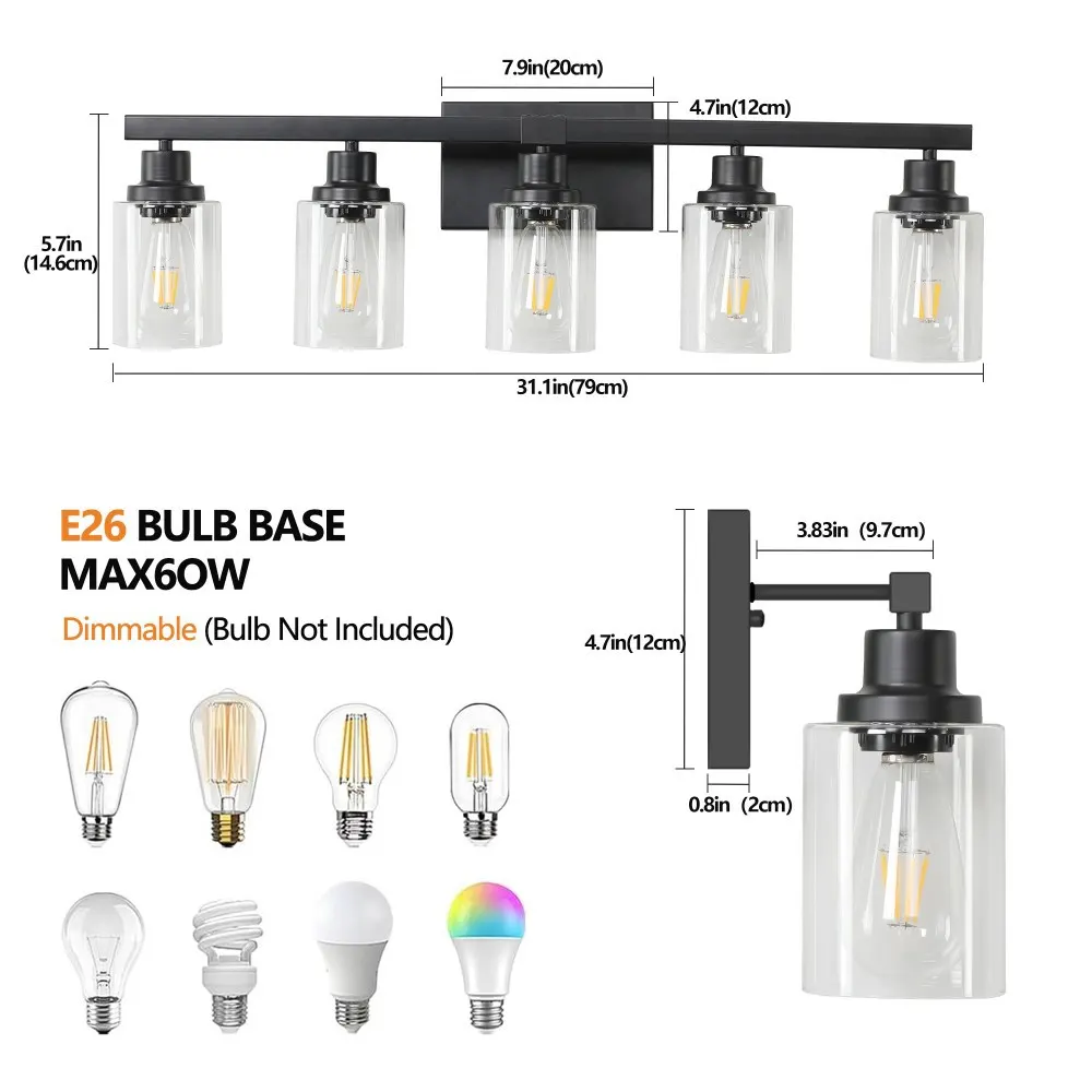 Modern Black 5-Light Clear Glass Vanity Light, 31 in, image 5 of 5