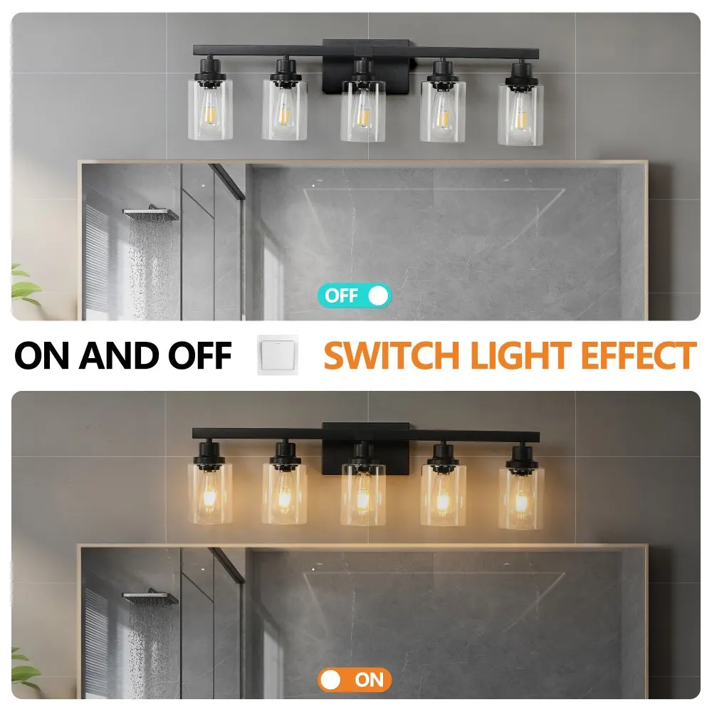Modern Black 5-Light Clear Glass Vanity Light, 31 in, image 4 of 5